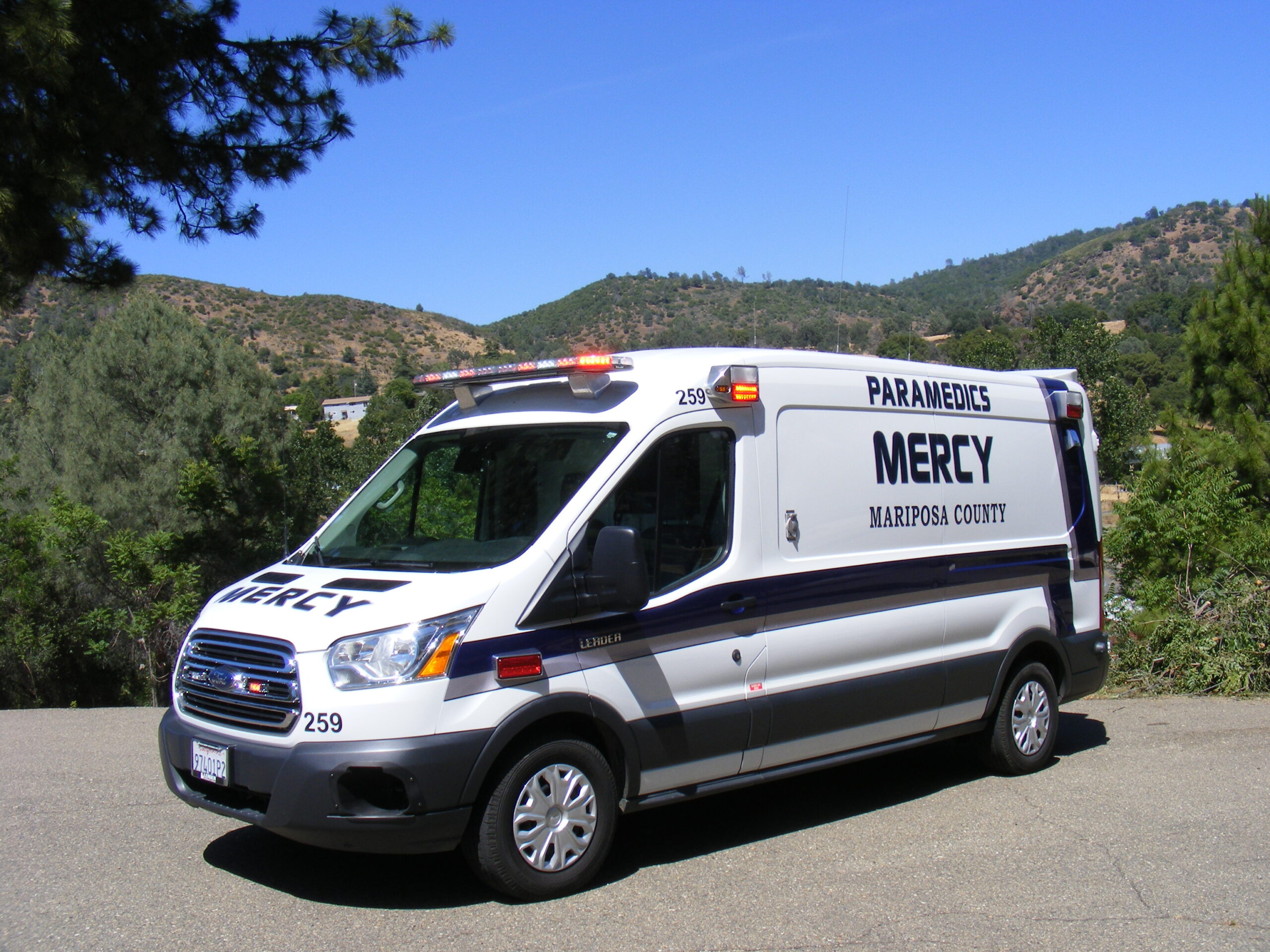 Mercy Medical Transportation paramedics ambulance in the Mariposa County hills